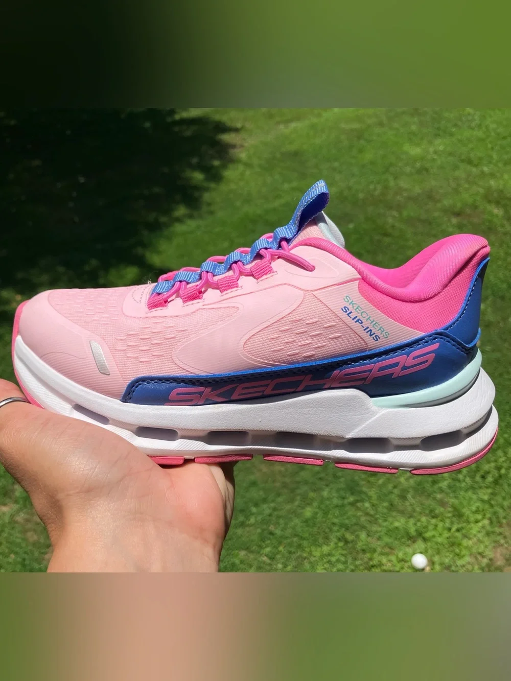 Skechers Pink Slip-On Athletic Sneakers with Blue Tongue Detail